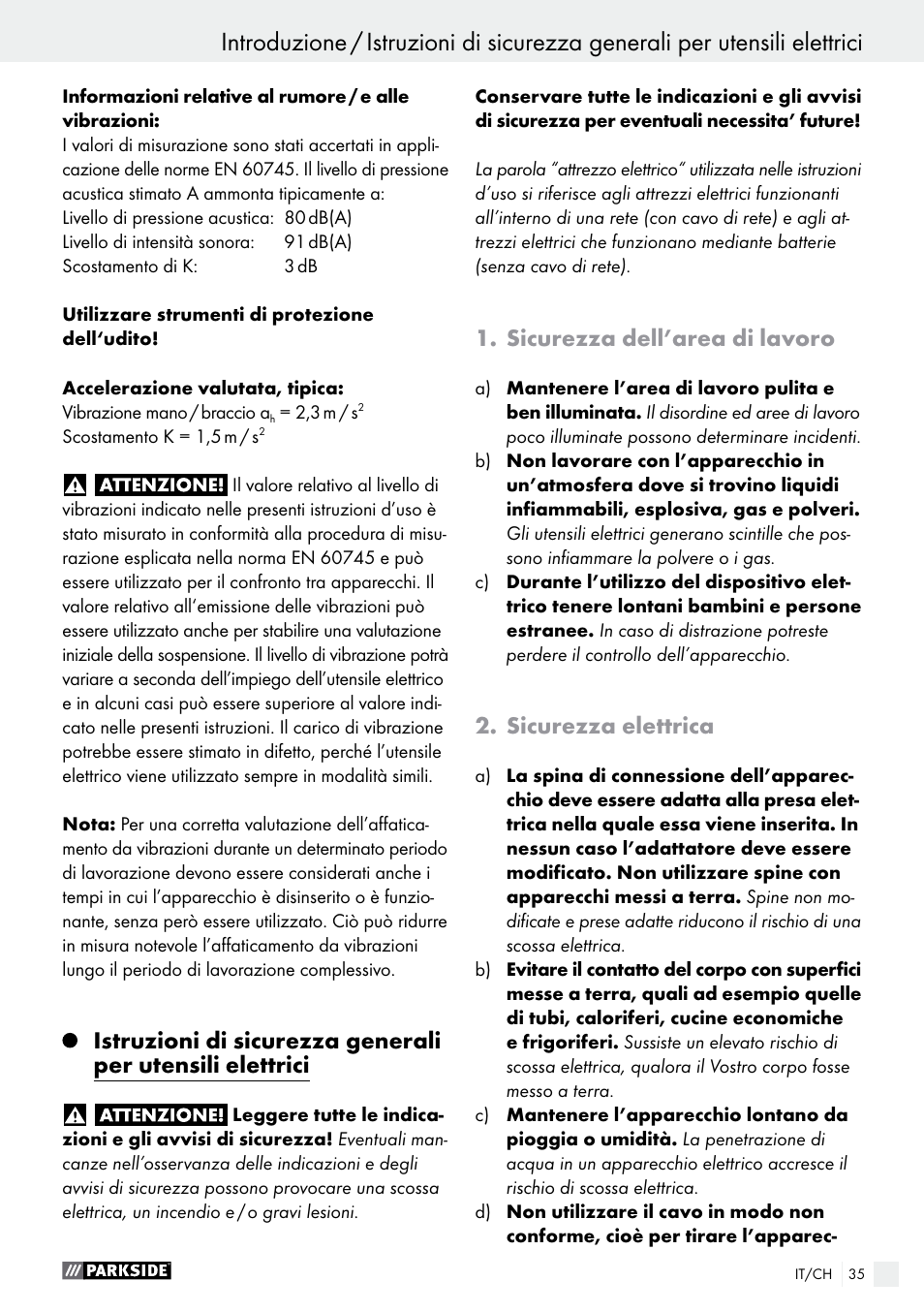 Introduzione, Sicurezza dell’area di lavoro, Sicurezza elettrica | Parkside PFBS 160 A1 User Manual | Page 35 / 59