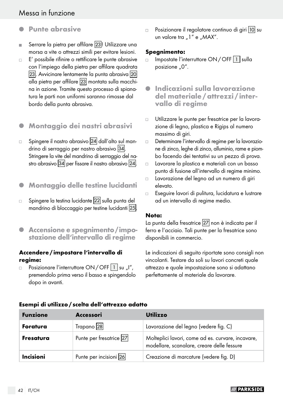 Messa in funzione, Punte abrasive, Montaggio dei nastri abrasivi | Montaggio delle testine lucidanti | Parkside PFBS 160 A1 User Manual | Page 42 / 59