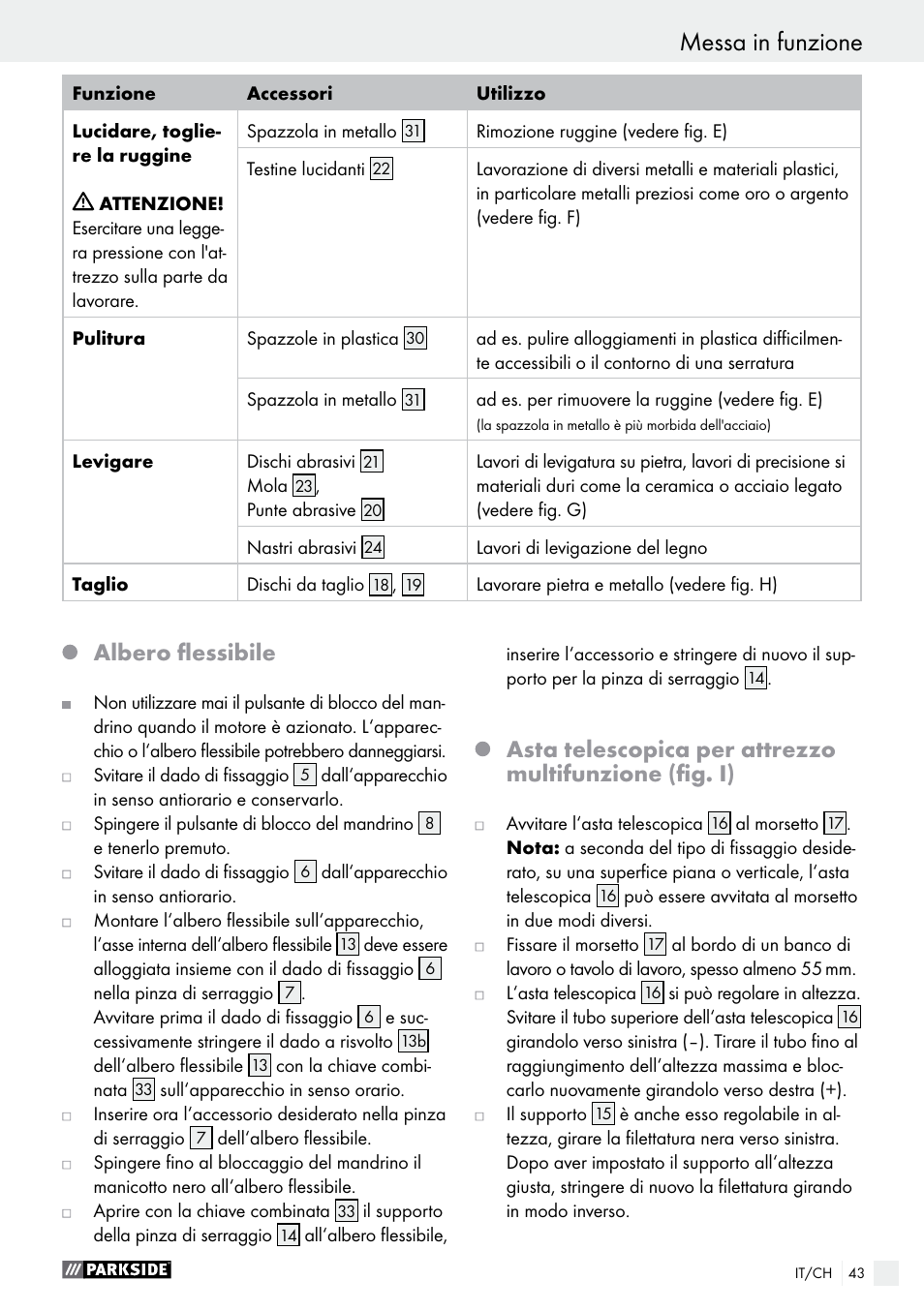 Messa in funzione, Albero flessibile | Parkside PFBS 160 A1 User Manual | Page 43 / 59