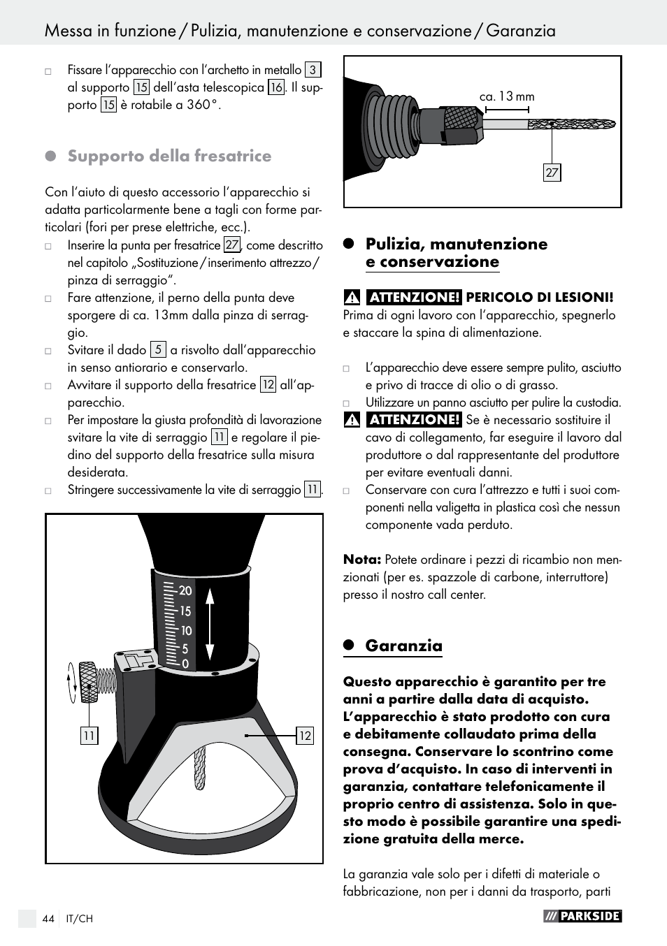 Supporto della fresatrice, Pulizia, manutenzione e conservazione, Garanzia | Parkside PFBS 160 A1 User Manual | Page 44 / 59