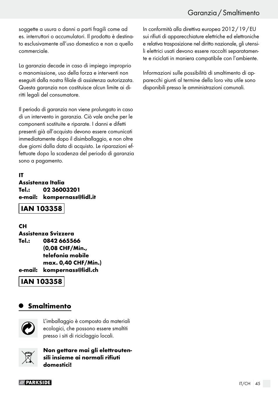 Smaltimento | Parkside PFBS 160 A1 User Manual | Page 45 / 59