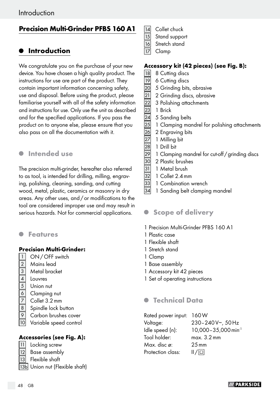 Precision multi-grinder pfbs 160 a1, Introduction, Intended use | Features, Scope of delivery, Technical data | Parkside PFBS 160 A1 User Manual | Page 48 / 59
