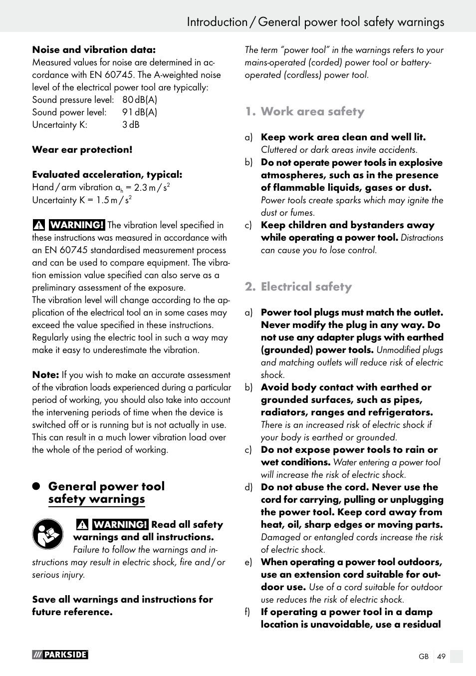 Introduction, Introduction / general power tool safety warnings, General power tool safety warnings | Work area safety, Electrical safety | Parkside PFBS 160 A1 User Manual | Page 49 / 59