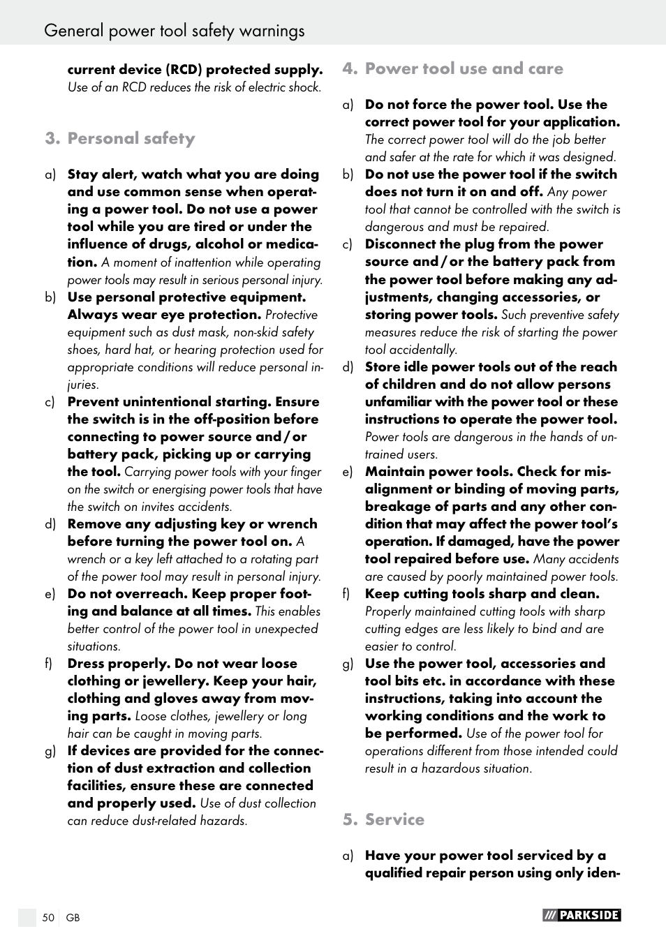 General power tool safety warnings | Parkside PFBS 160 A1 User Manual | Page 50 / 59