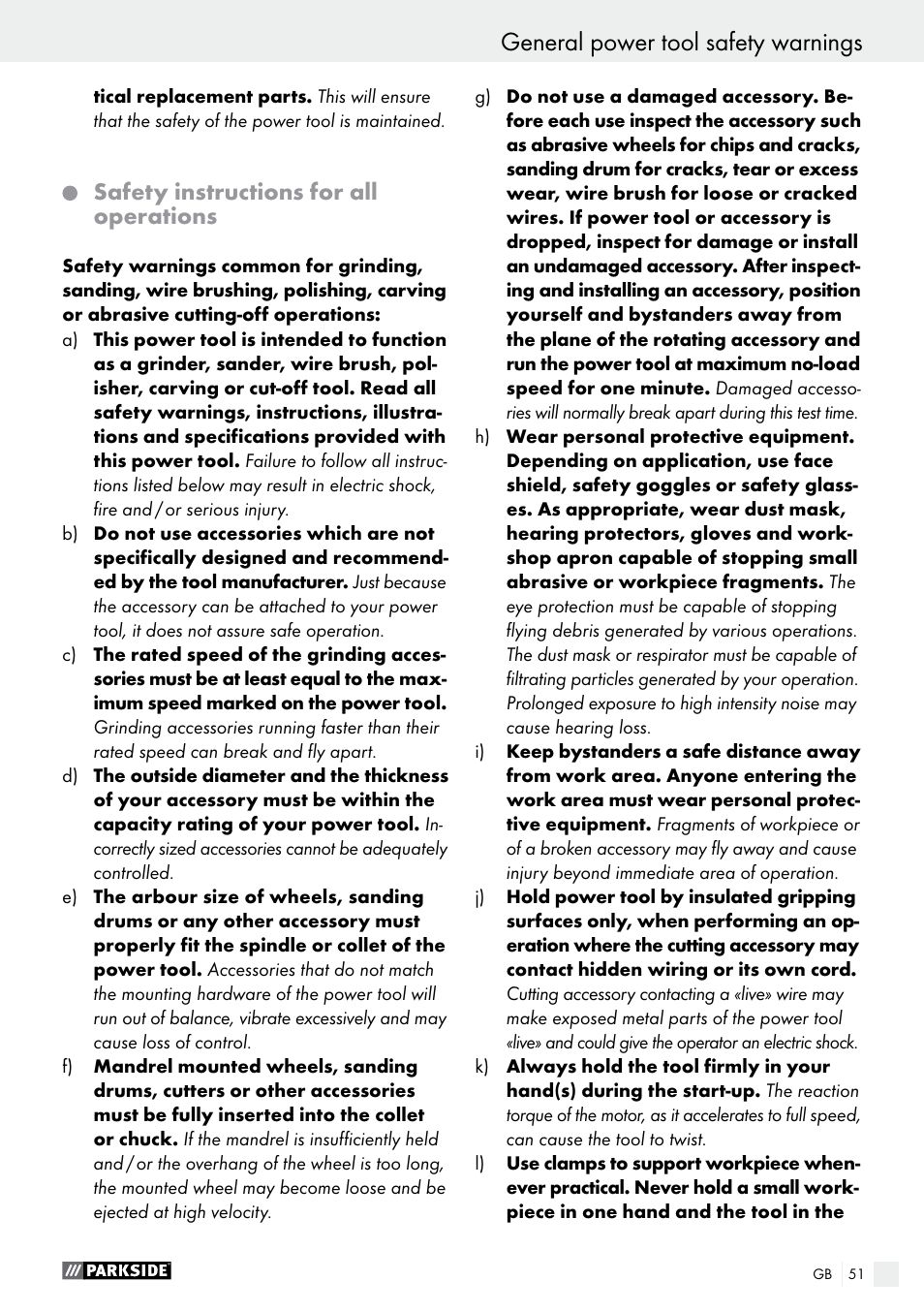 General power tool safety warnings, Safety instructions for all operations | Parkside PFBS 160 A1 User Manual | Page 51 / 59