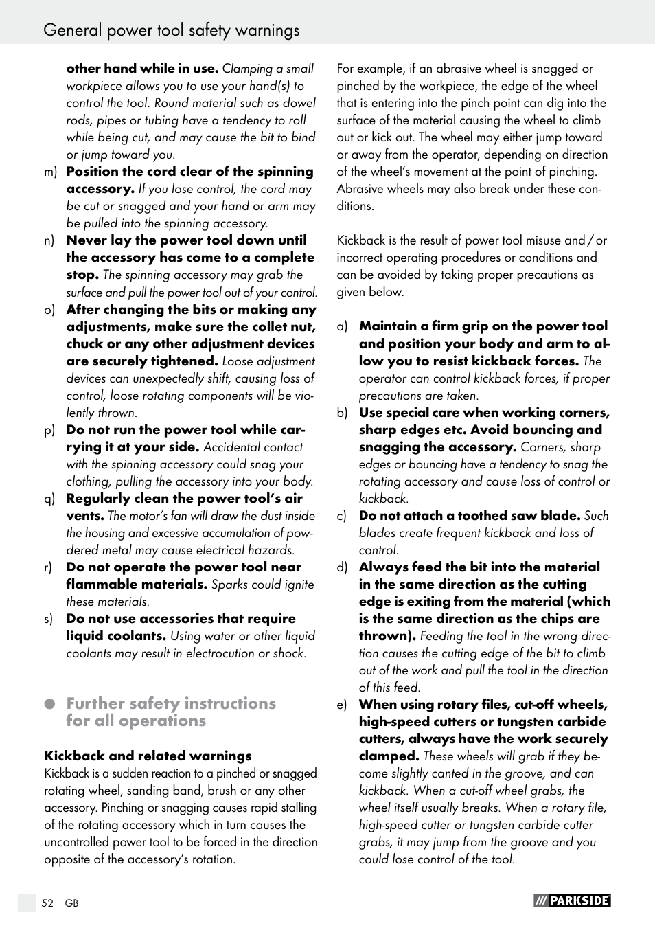 General power tool safety warnings, Further safety instructions for all operations | Parkside PFBS 160 A1 User Manual | Page 52 / 59