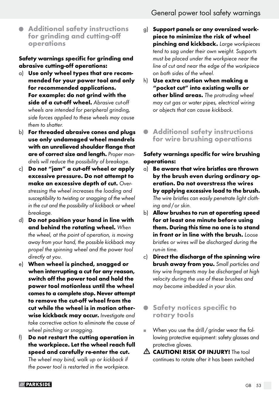 General power tool safety warnings | Parkside PFBS 160 A1 User Manual | Page 53 / 59