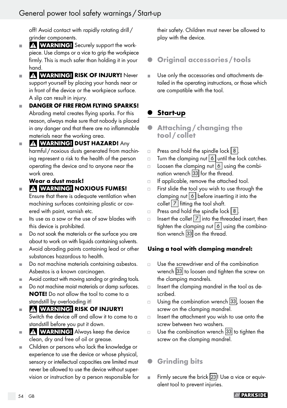 Original accessories / tools, Start-up attaching / changing the tool / collet, Grinding bits | Parkside PFBS 160 A1 User Manual | Page 54 / 59
