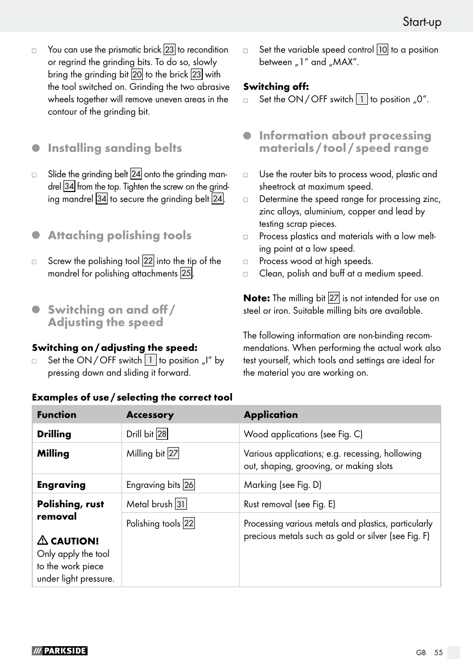 General power tool safety warnings / start-up, Start-up, Installing sanding belts | Attaching polishing tools, Switching on and off / adjusting the speed | Parkside PFBS 160 A1 User Manual | Page 55 / 59