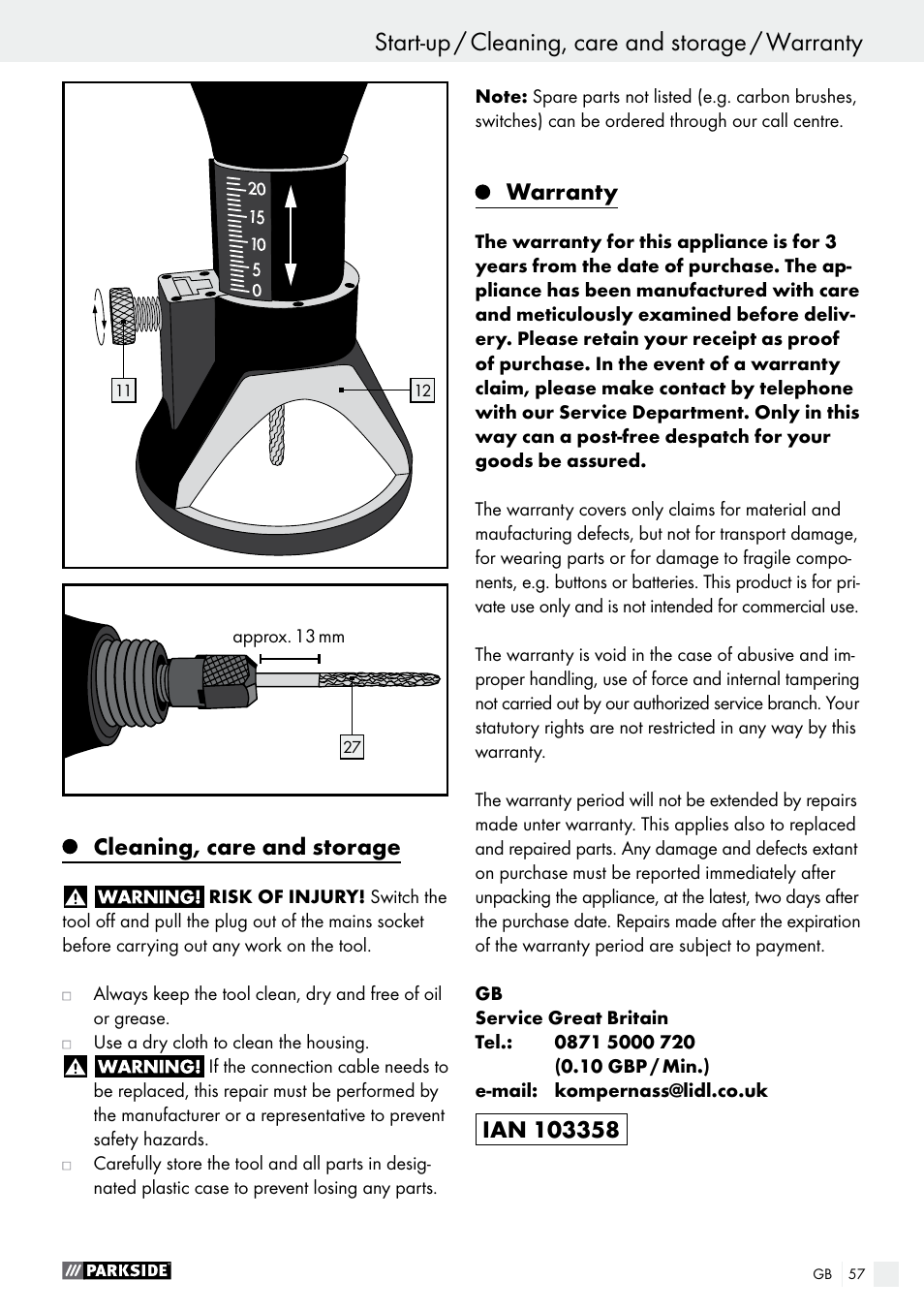 Start-up, Start-up / cleaning, care and storage / warranty, Cleaning, care and storage | Warranty | Parkside PFBS 160 A1 User Manual | Page 57 / 59