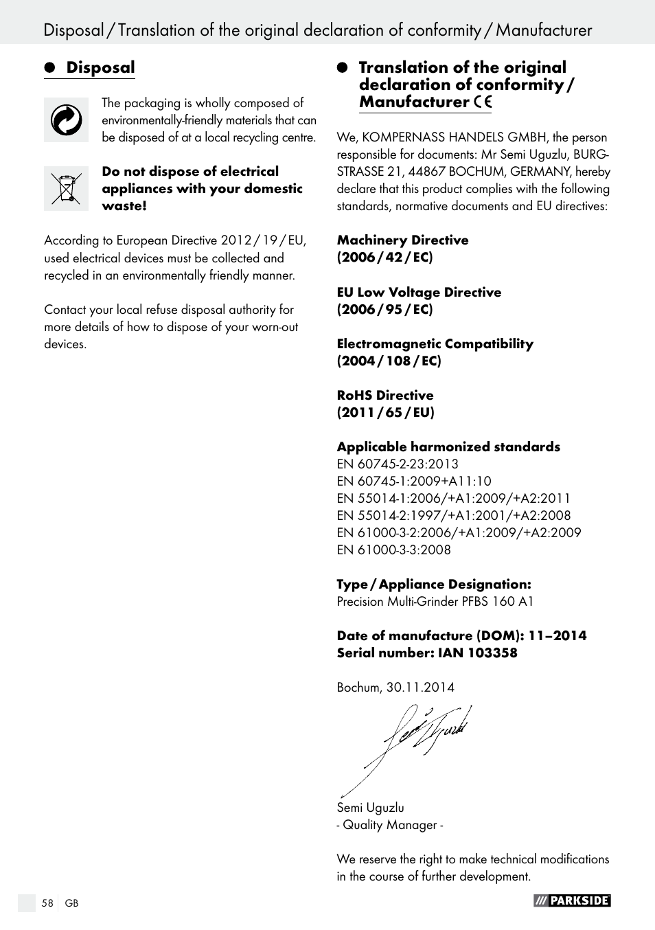 Parkside PFBS 160 A1 User Manual | Page 58 / 59
