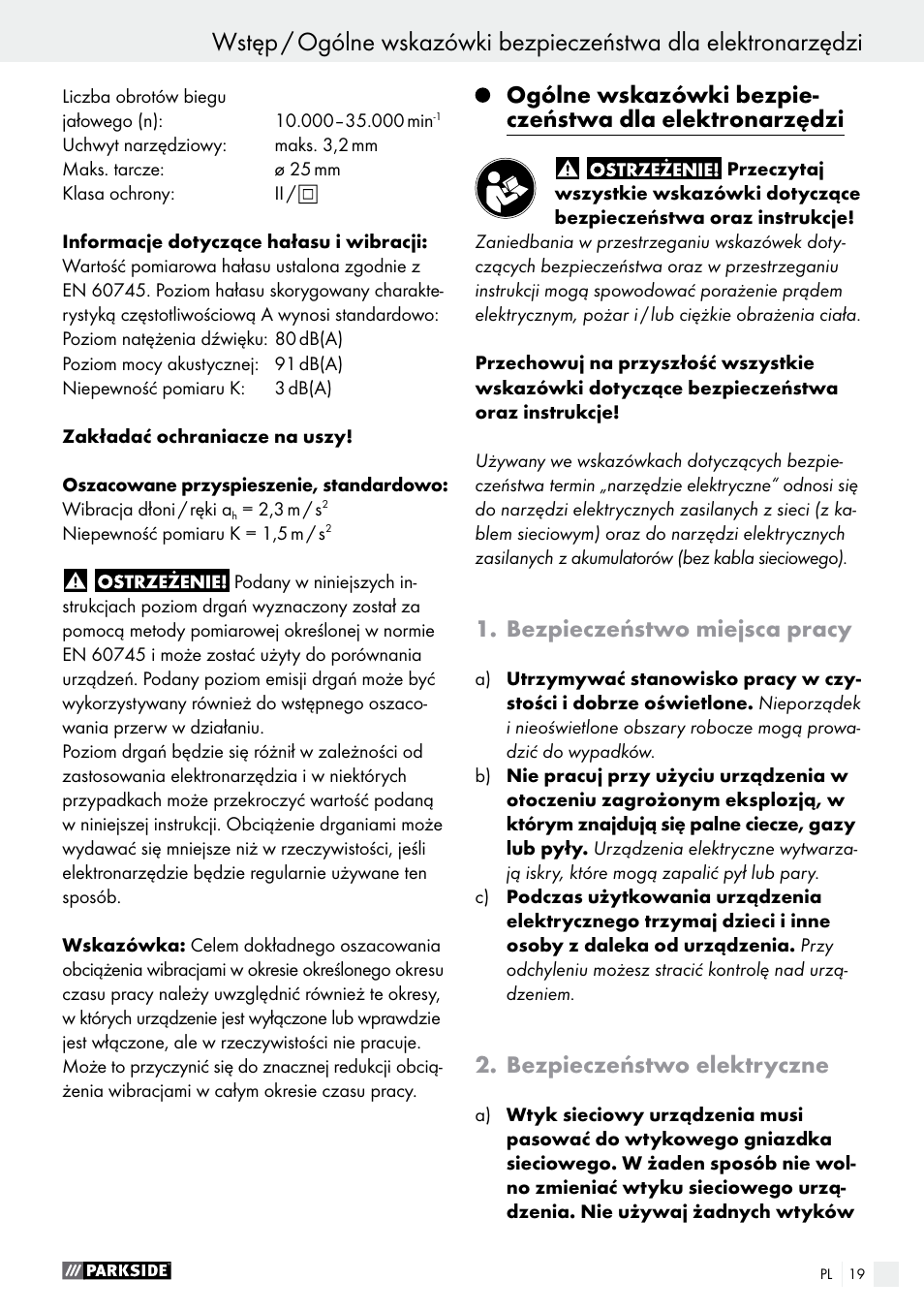 Bezpieczeństwo miejsca pracy, Bezpieczeństwo elektryczne | Parkside PFBS 160 A1 User Manual | Page 19 / 99