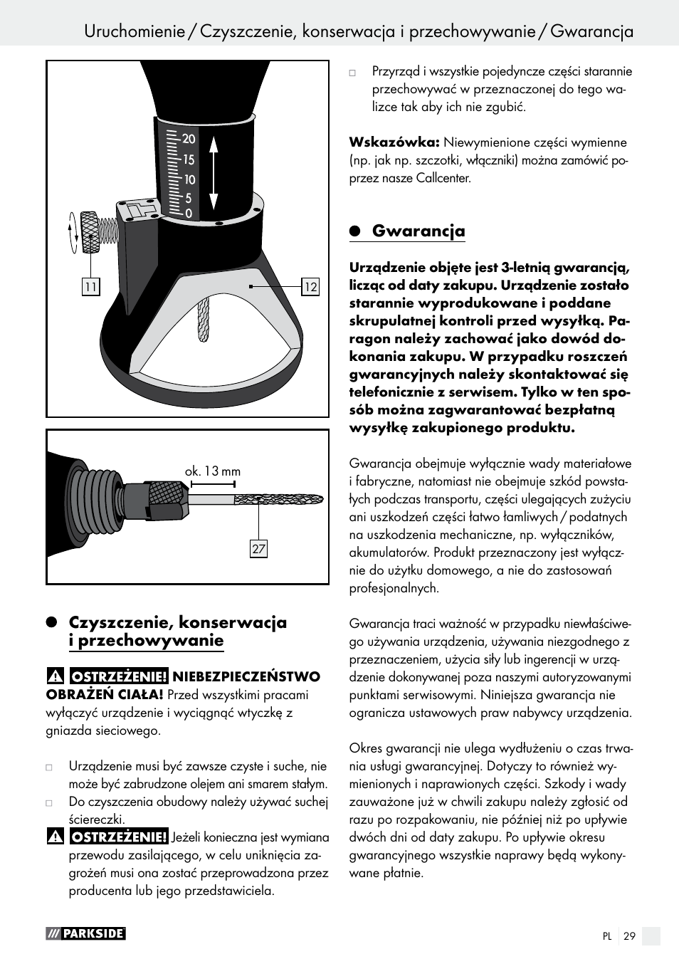 Czyszczenie, konserwacja i przechowywanie, Gwarancja | Parkside PFBS 160 A1 User Manual | Page 29 / 99