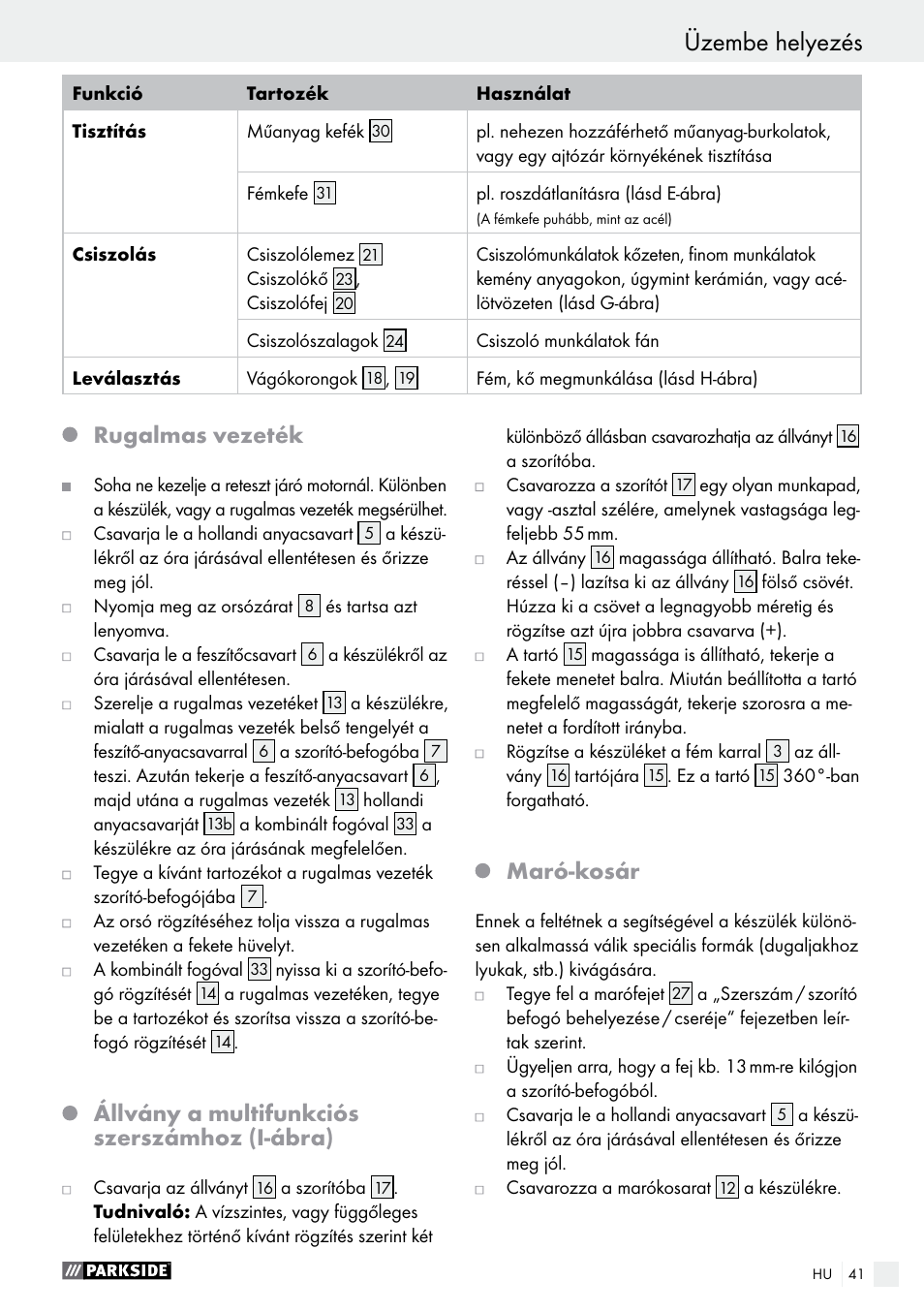 Üzembe helyezés, Rugalmas vezeték, Állvány a multifunkciós szerszámhoz (i-ábra) | Maró-kosár | Parkside PFBS 160 A1 User Manual | Page 41 / 99