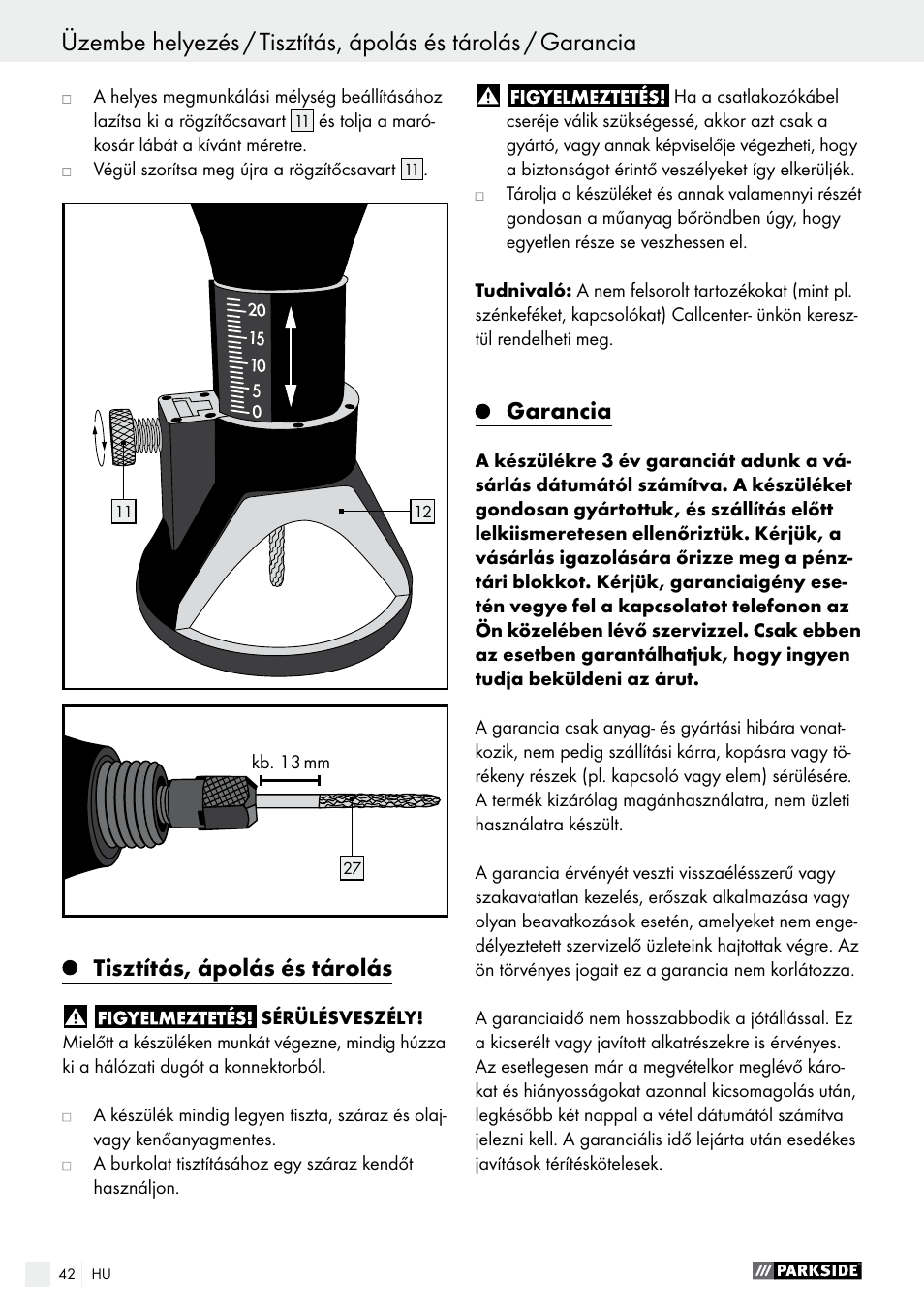 Tisztítás, ápolás és tárolás, Garancia | Parkside PFBS 160 A1 User Manual | Page 42 / 99