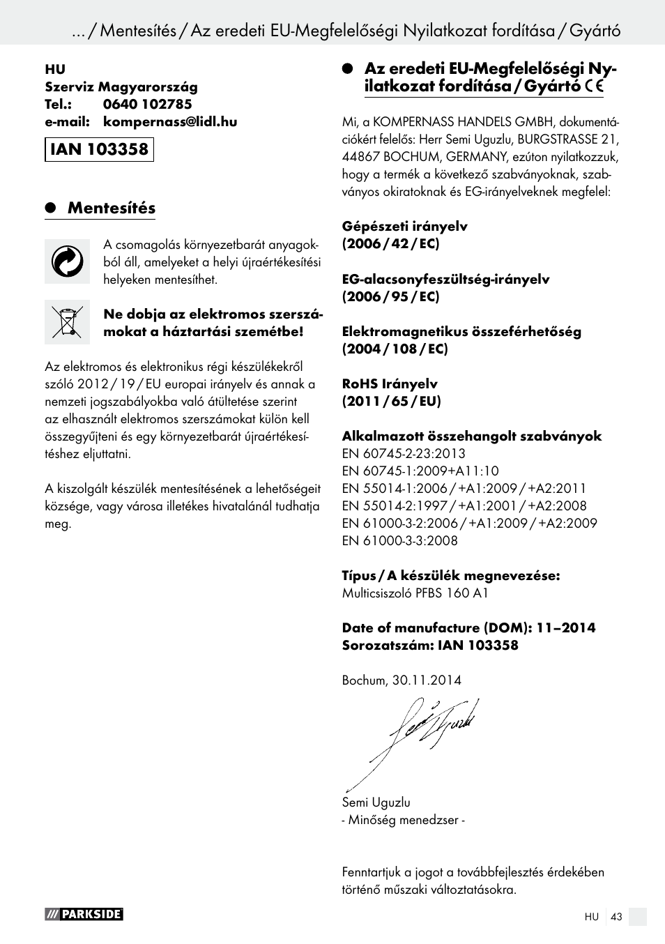 Mentesítés | Parkside PFBS 160 A1 User Manual | Page 43 / 99
