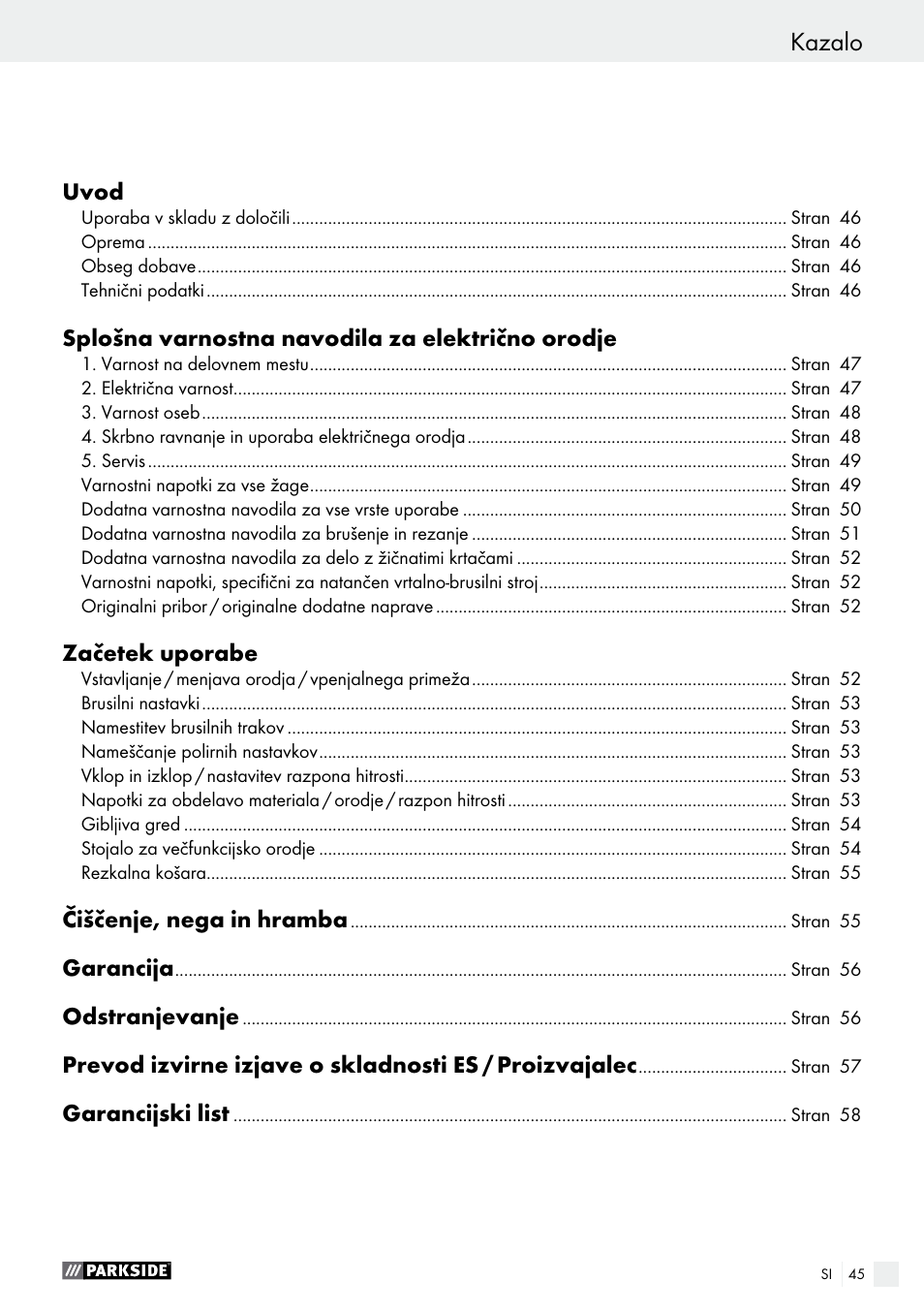 Kazalo | Parkside PFBS 160 A1 User Manual | Page 45 / 99