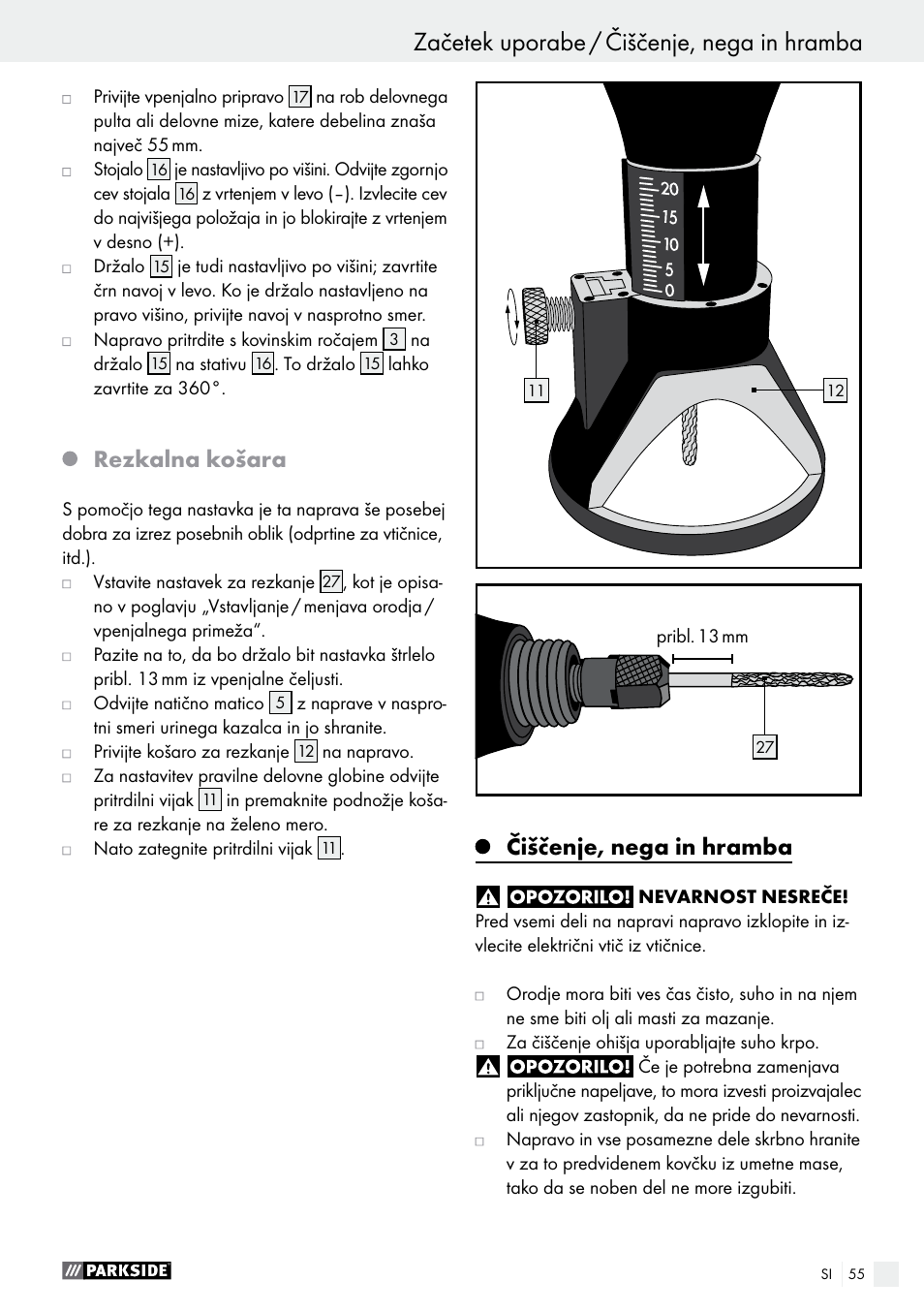 Rezkalna košara, Čiščenje, nega in hramba | Parkside PFBS 160 A1 User Manual | Page 55 / 99