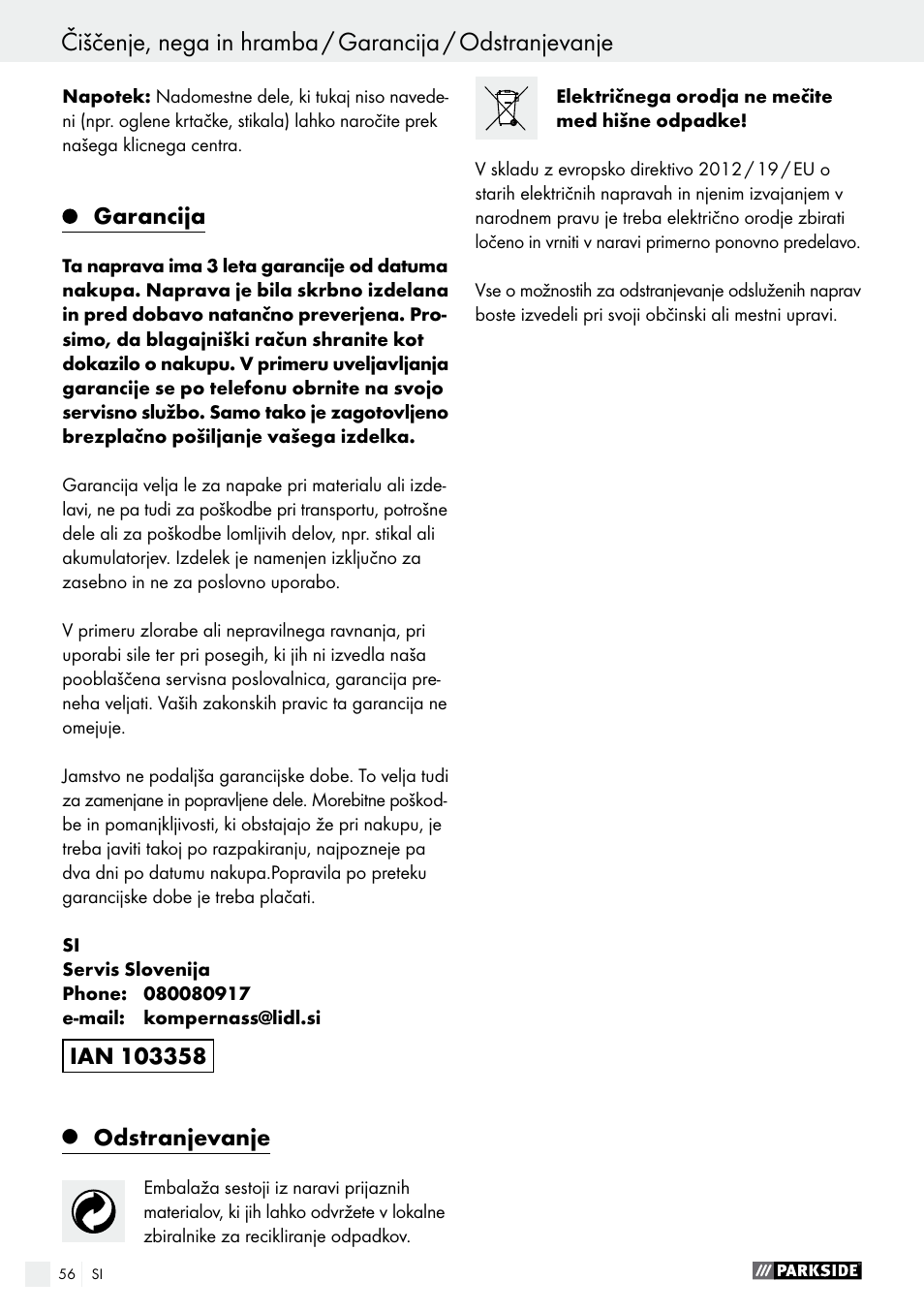 Garancija, Odstranjevanje | Parkside PFBS 160 A1 User Manual | Page 56 / 99
