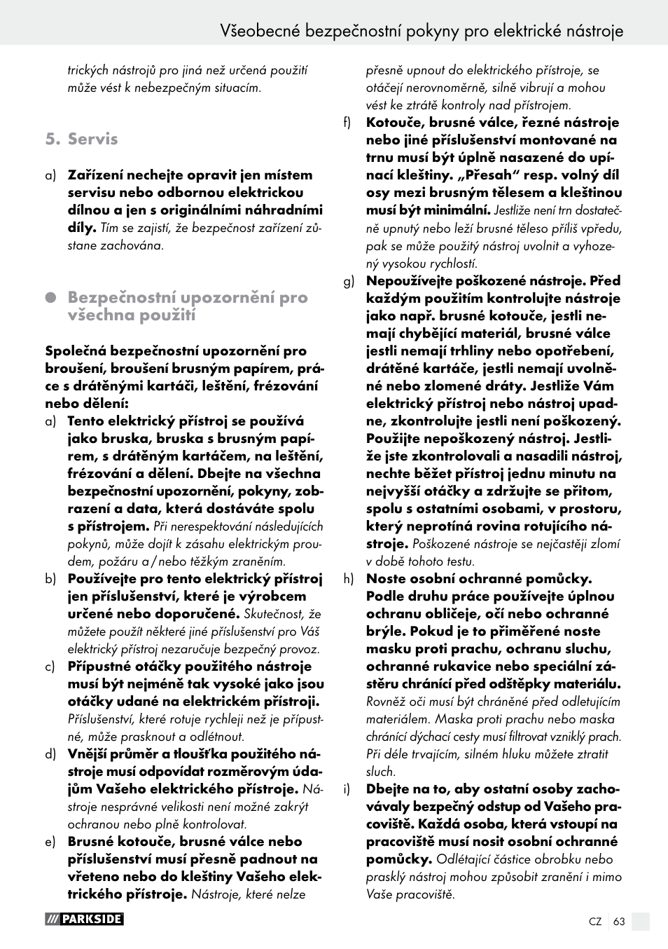 Servis, Bezpečnostní upozornění pro všechna použití | Parkside PFBS 160 A1 User Manual | Page 63 / 99