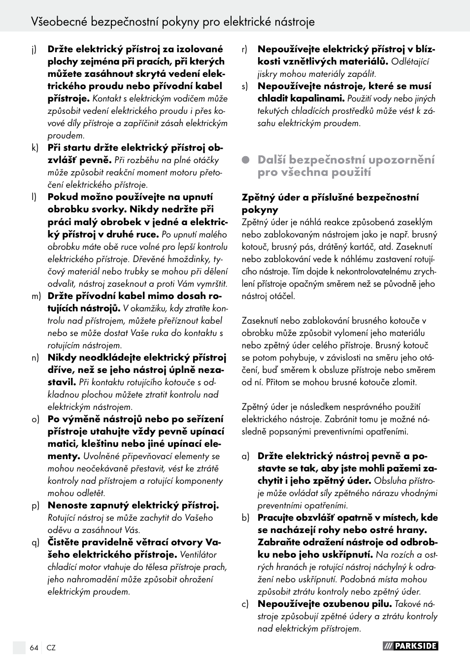 Další bezpečnostní upozornění pro všechna použití | Parkside PFBS 160 A1 User Manual | Page 64 / 99