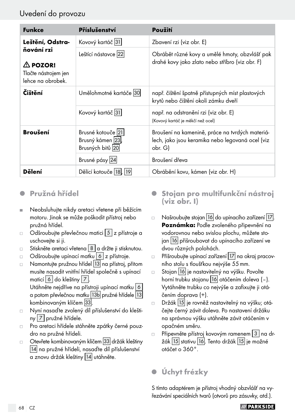 Uvedení do provozu, Pružná hřídel, Stojan pro multifunkční nástroj (viz obr. i) | Úchyt frézky | Parkside PFBS 160 A1 User Manual | Page 68 / 99