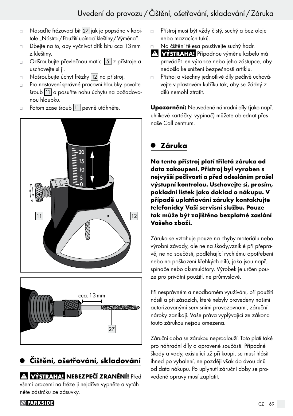 Čištění, ošetřování, skladování, Záruka | Parkside PFBS 160 A1 User Manual | Page 69 / 99