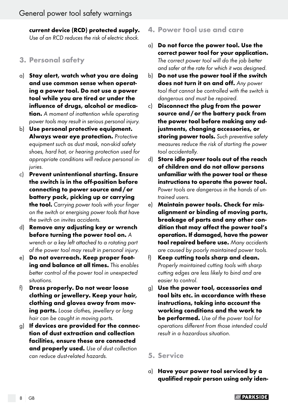 General power tool safety warnings | Parkside PFBS 160 A1 User Manual | Page 8 / 99