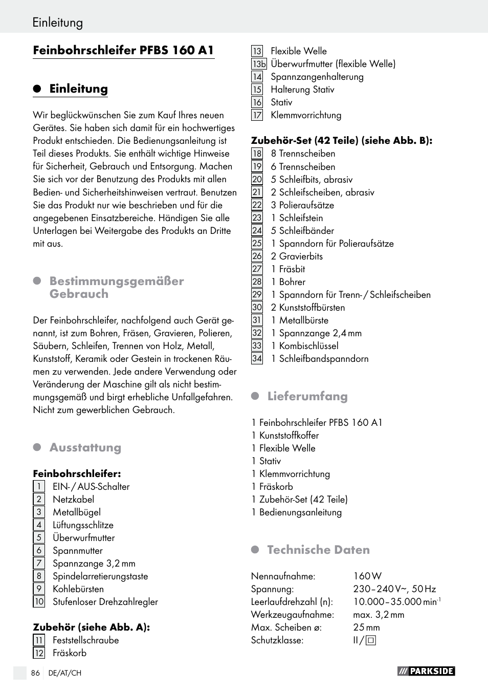 Einleitung, Feinbohrschleifer pfbs 160 a1, Bestimmungsgemäßer gebrauch | Ausstattung, Lieferumfang, Technische daten | Parkside PFBS 160 A1 User Manual | Page 86 / 99