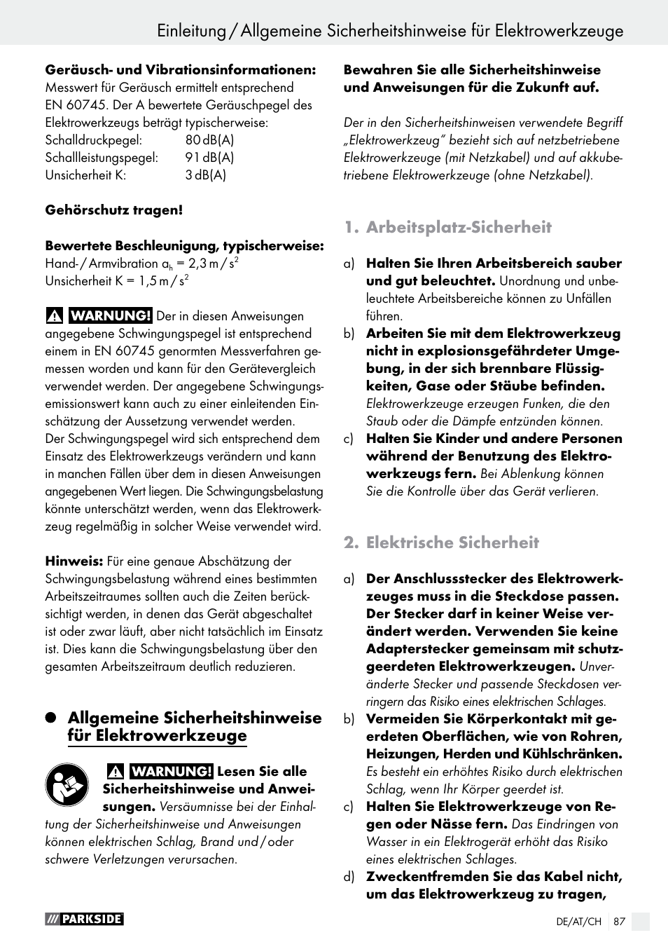Einleitung, Arbeitsplatz-sicherheit, Elektrische sicherheit | Parkside PFBS 160 A1 User Manual | Page 87 / 99