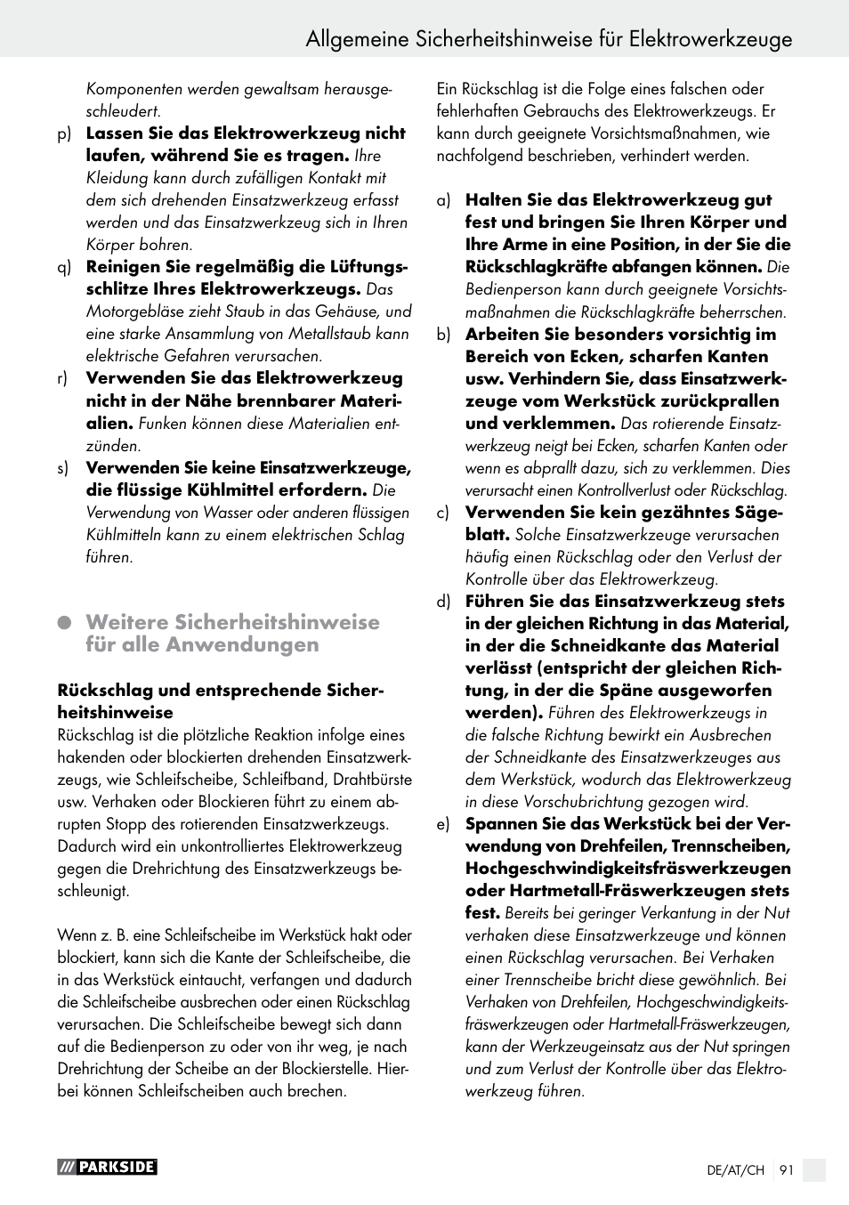 Weitere sicherheitshinweise für alle anwendungen | Parkside PFBS 160 A1 User Manual | Page 91 / 99