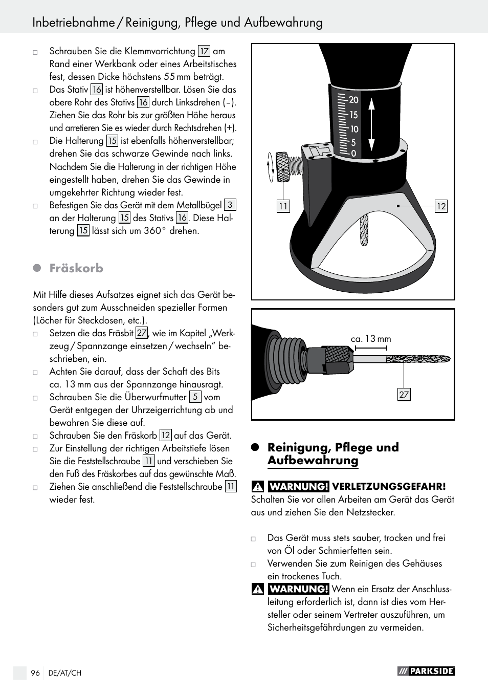Fräskorb, Reinigung, pflege und aufbewahrung | Parkside PFBS 160 A1 User Manual | Page 96 / 99