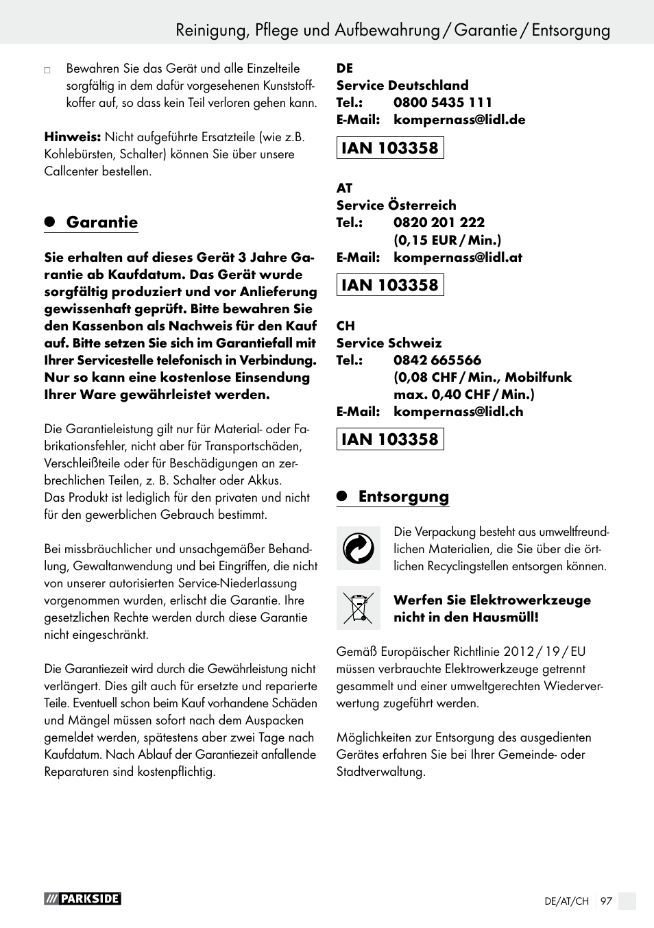 Garantie, Entsorgung | Parkside PFBS 160 A1 User Manual | Page 97 / 99