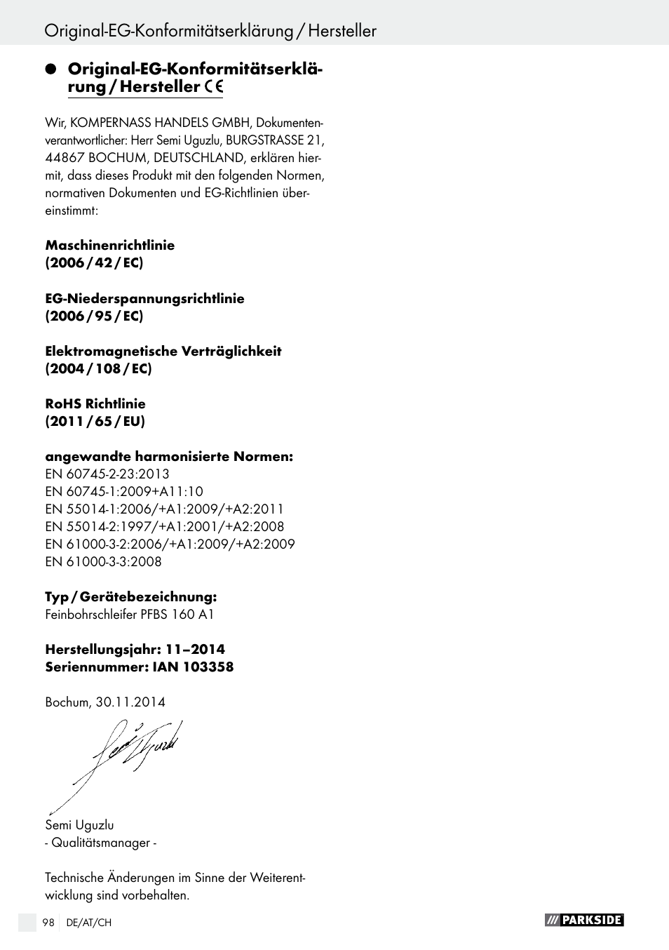 Original-eg-konformitätserklärung / hersteller | Parkside PFBS 160 A1 User Manual | Page 98 / 99