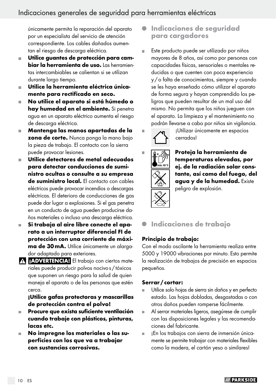 Indicaciones de seguridad para cargadores, Indicaciones de trabajo | Parkside PAMFW 10.8 A1 User Manual | Page 10 / 55