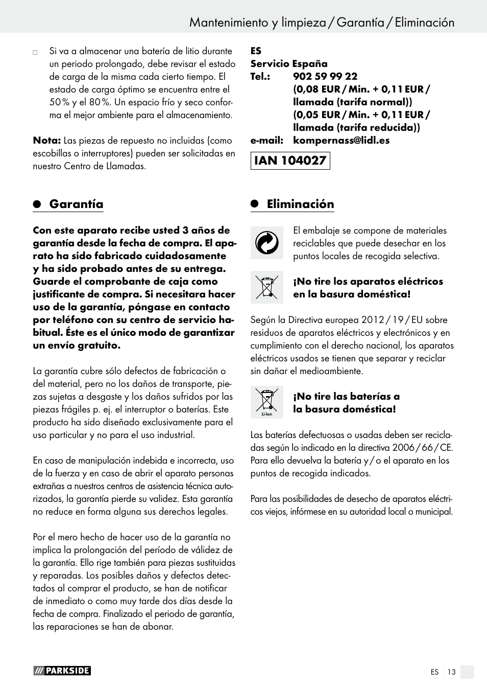 Garantía, Eliminación | Parkside PAMFW 10.8 A1 User Manual | Page 13 / 55