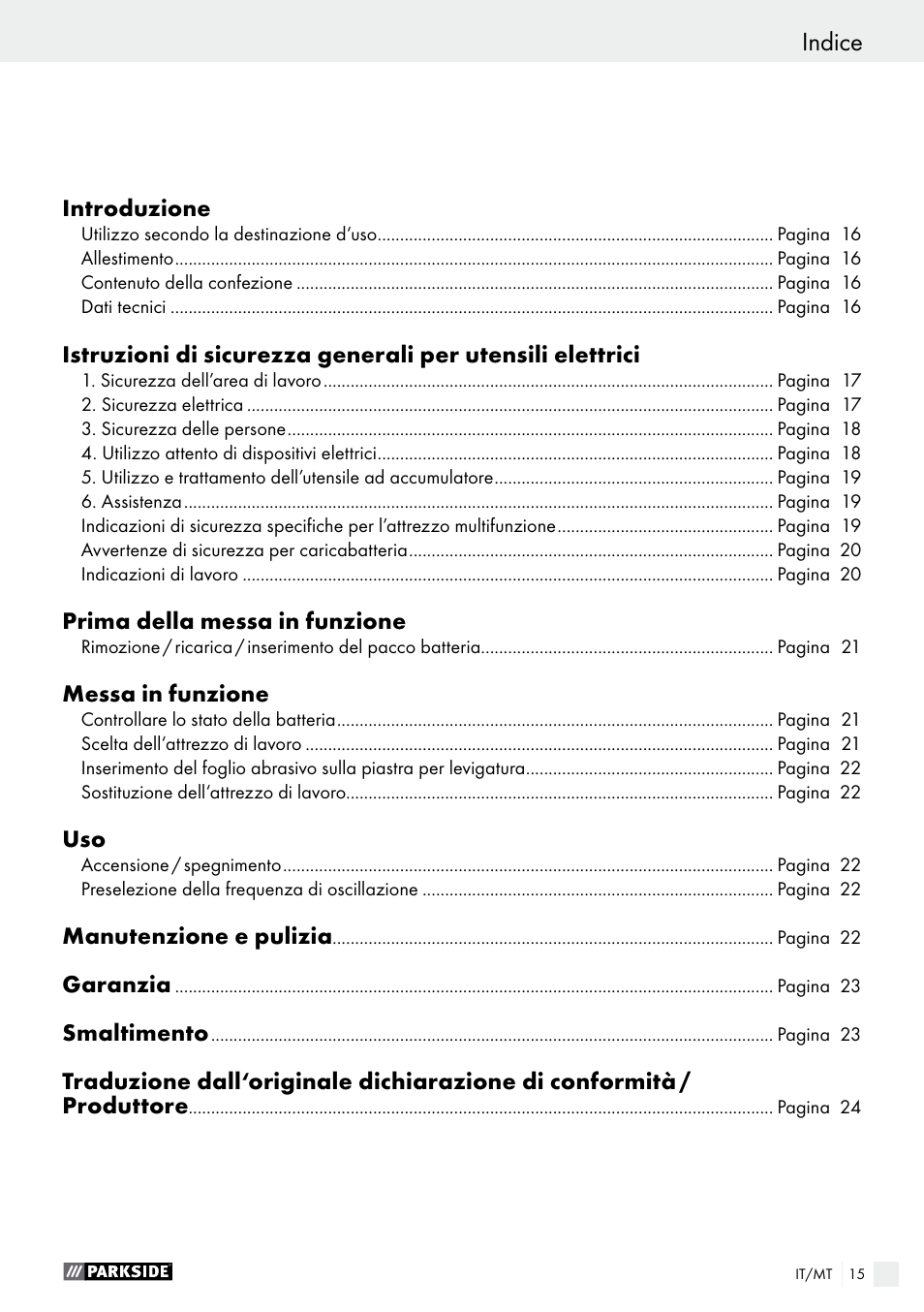 Indice | Parkside PAMFW 10.8 A1 User Manual | Page 15 / 55