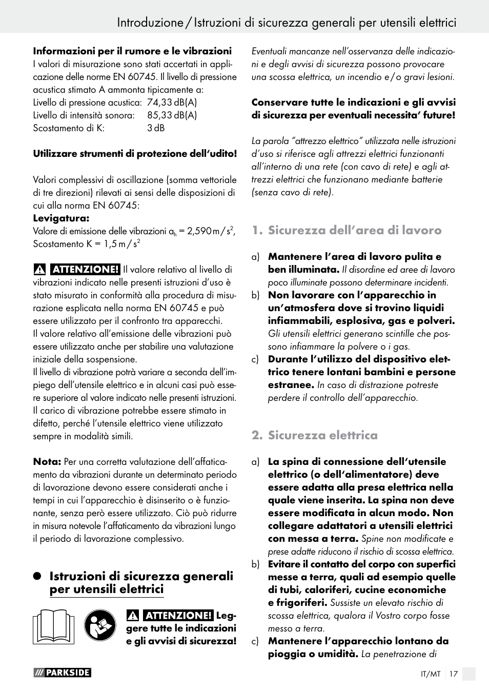 Introduzione, Sicurezza dell’area di lavoro, Sicurezza elettrica | Parkside PAMFW 10.8 A1 User Manual | Page 17 / 55