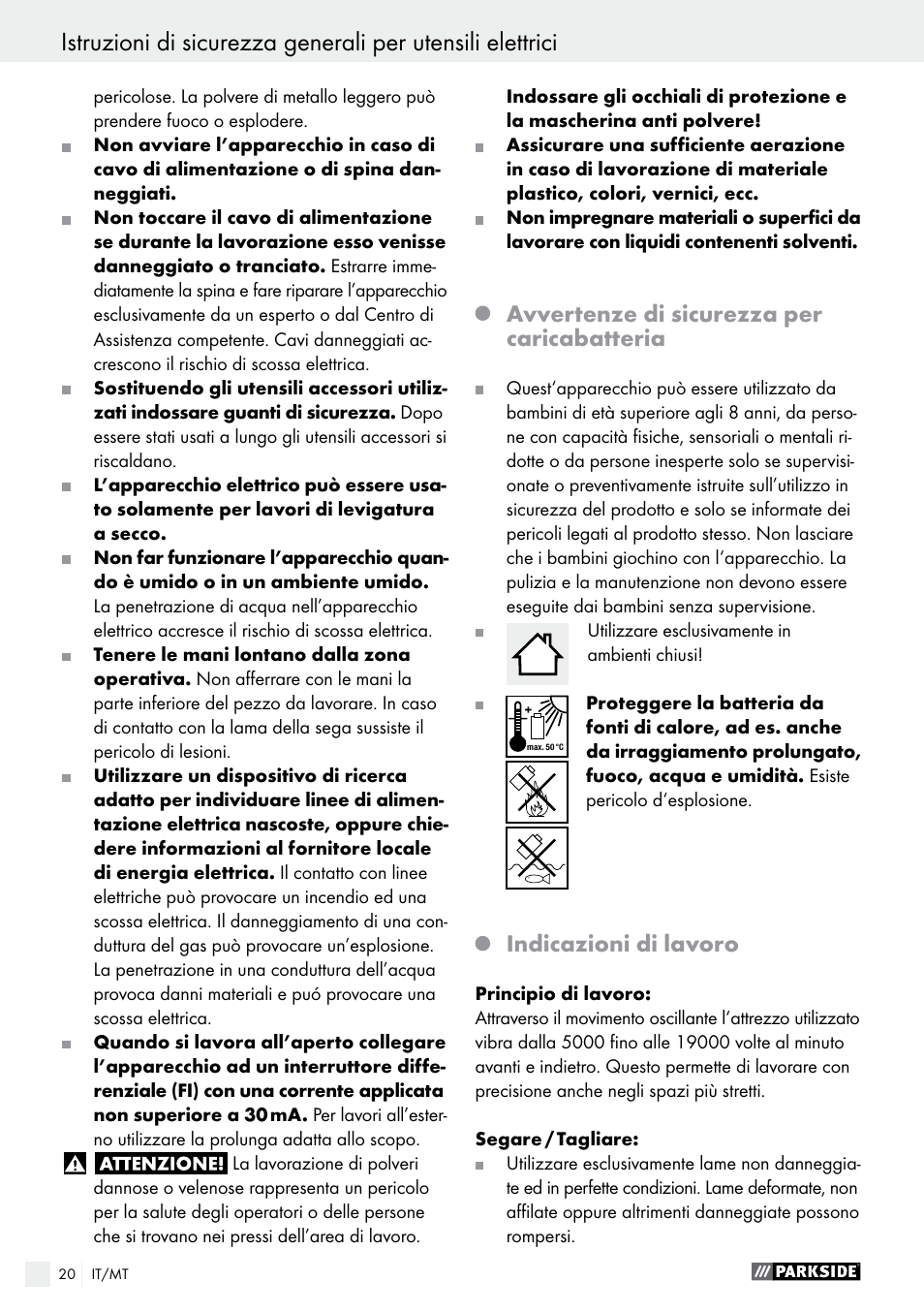 Avvertenze di sicurezza per caricabatteria, Indicazioni di lavoro | Parkside PAMFW 10.8 A1 User Manual | Page 20 / 55