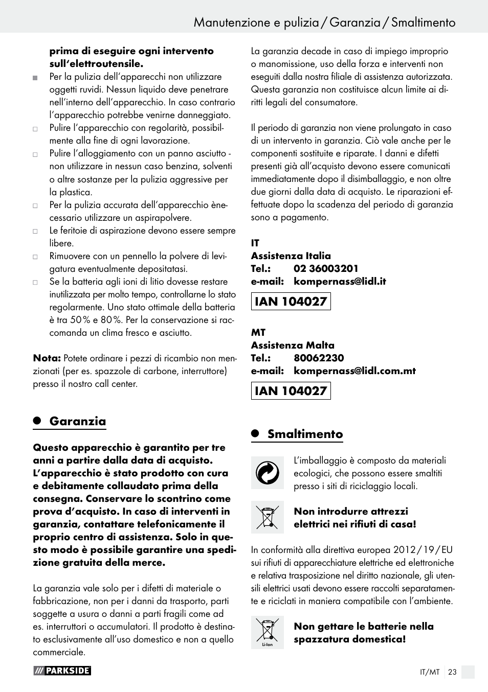 Messa in funzione / uso / manutenzione e pulizia, Manutenzione e pulizia / garanzia / smaltimento, Garanzia | Smaltimento | Parkside PAMFW 10.8 A1 User Manual | Page 23 / 55