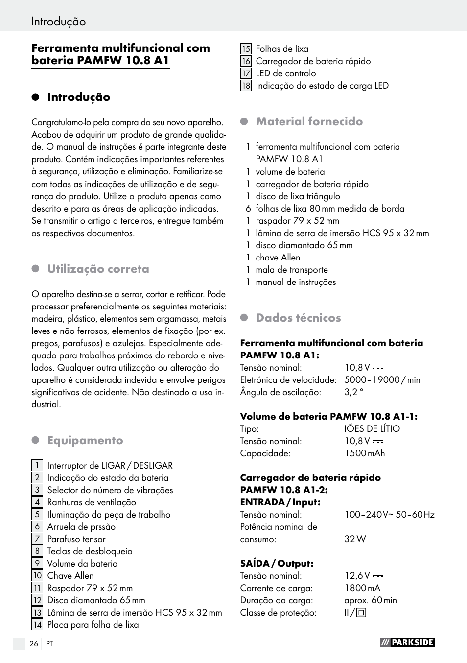 Utilização correta, Equipamento, Material fornecido | Dados técnicos | Parkside PAMFW 10.8 A1 User Manual | Page 26 / 55