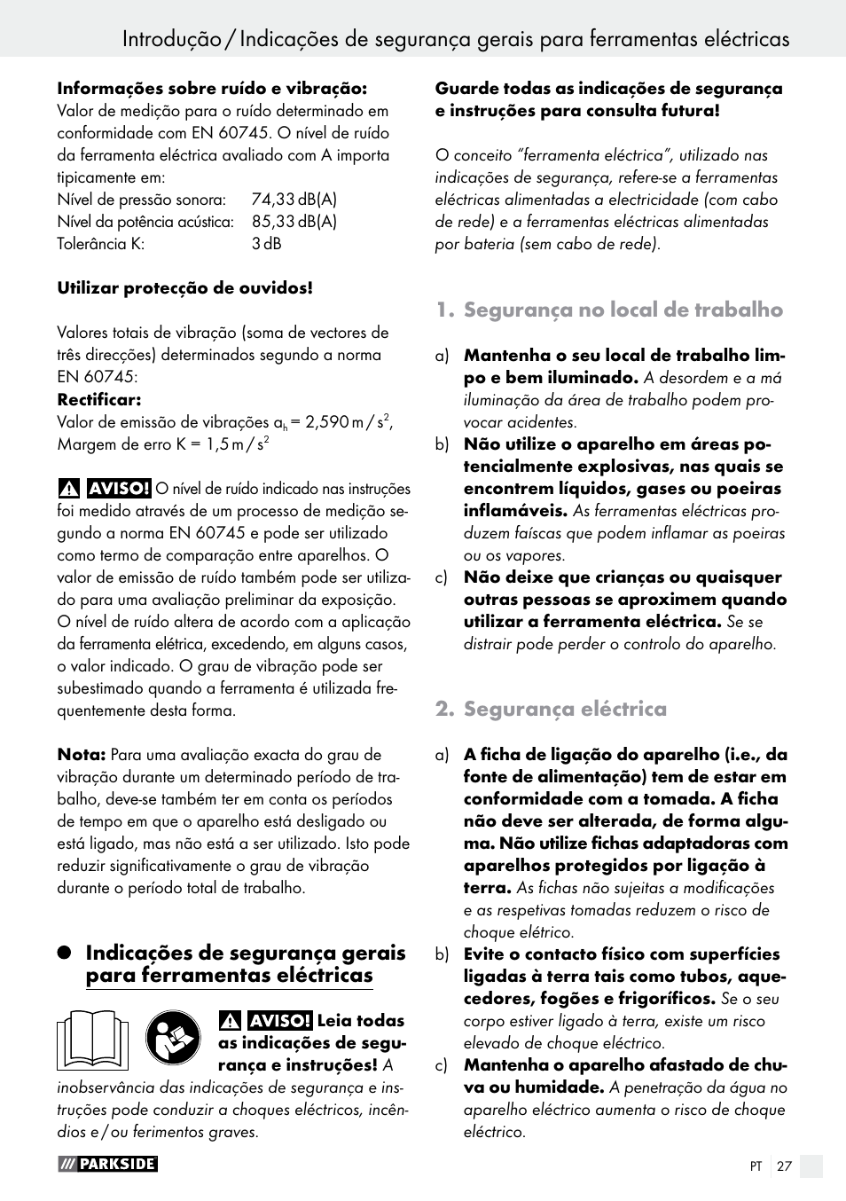 Segurança no local de trabalho, Segurança eléctrica | Parkside PAMFW 10.8 A1 User Manual | Page 27 / 55