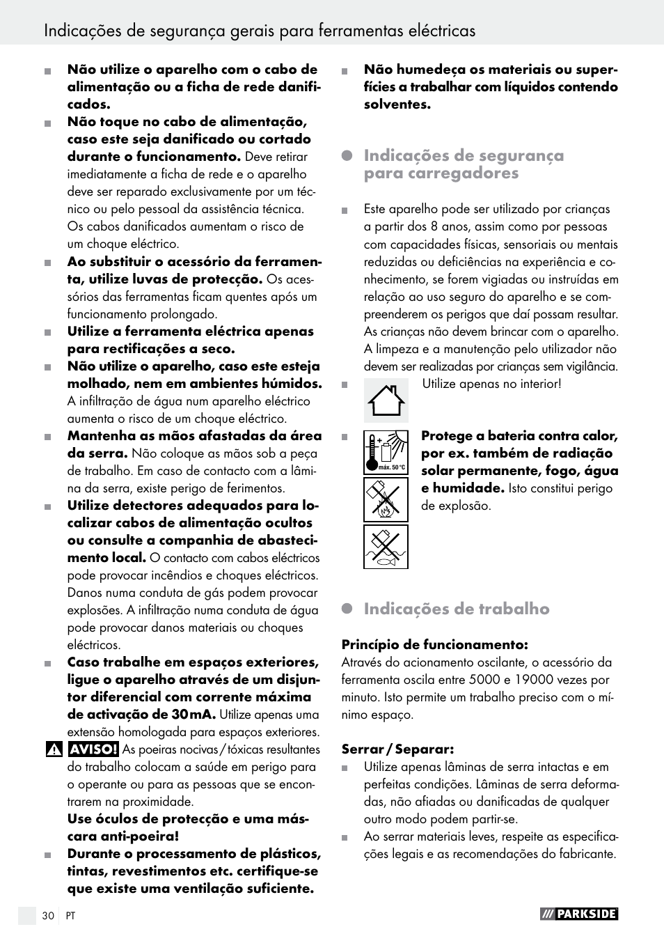 Indicações de segurança para carregadores, Indicações de trabalho | Parkside PAMFW 10.8 A1 User Manual | Page 30 / 55