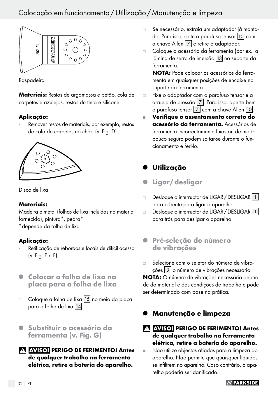 Substituir o acessório da ferramenta (v. fig. g), Utilização, Ligar/ desligar | Pré-seleção do número de vibrações, Manutenção e limpeza | Parkside PAMFW 10.8 A1 User Manual | Page 32 / 55