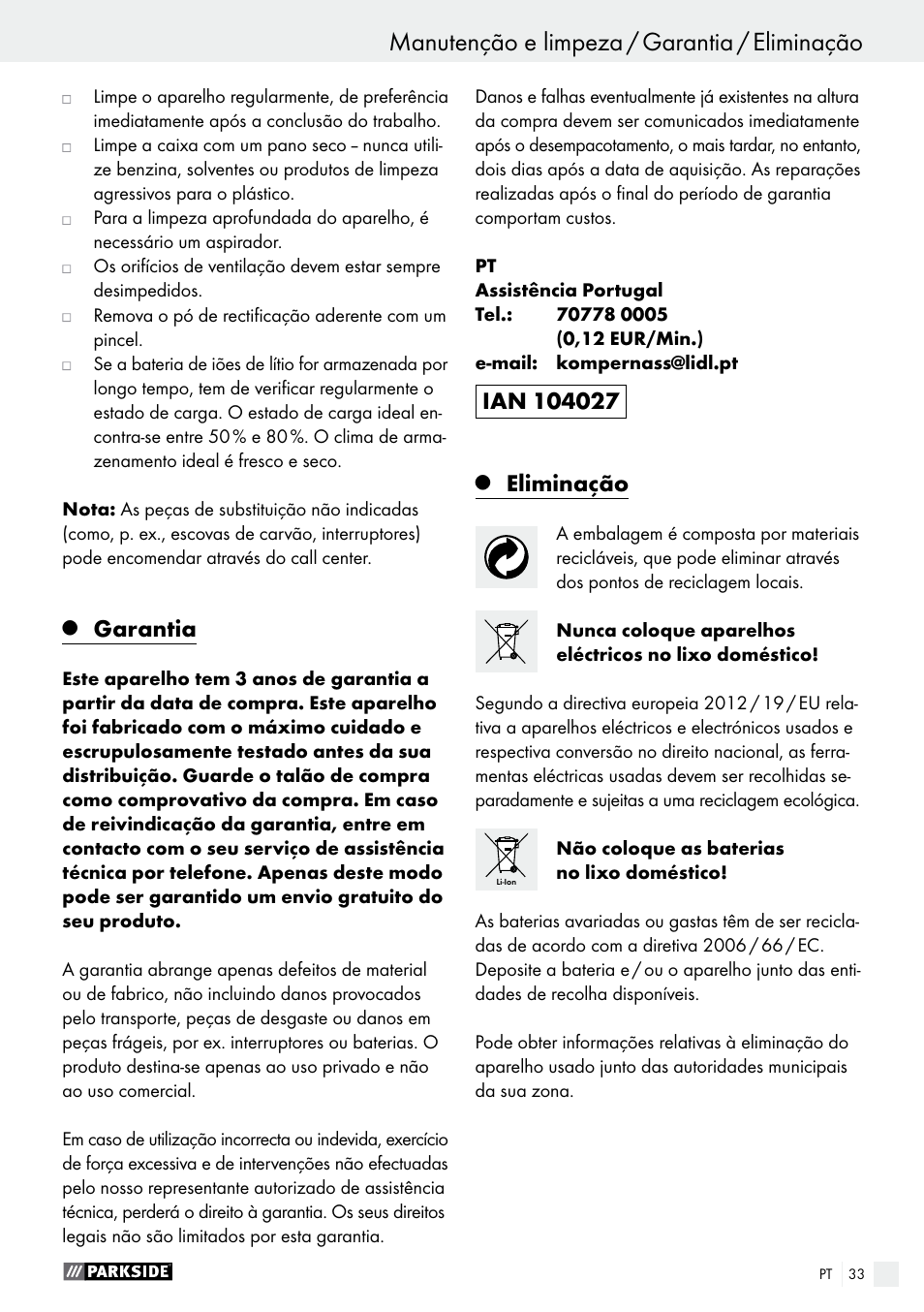 Garantia, Eliminação | Parkside PAMFW 10.8 A1 User Manual | Page 33 / 55