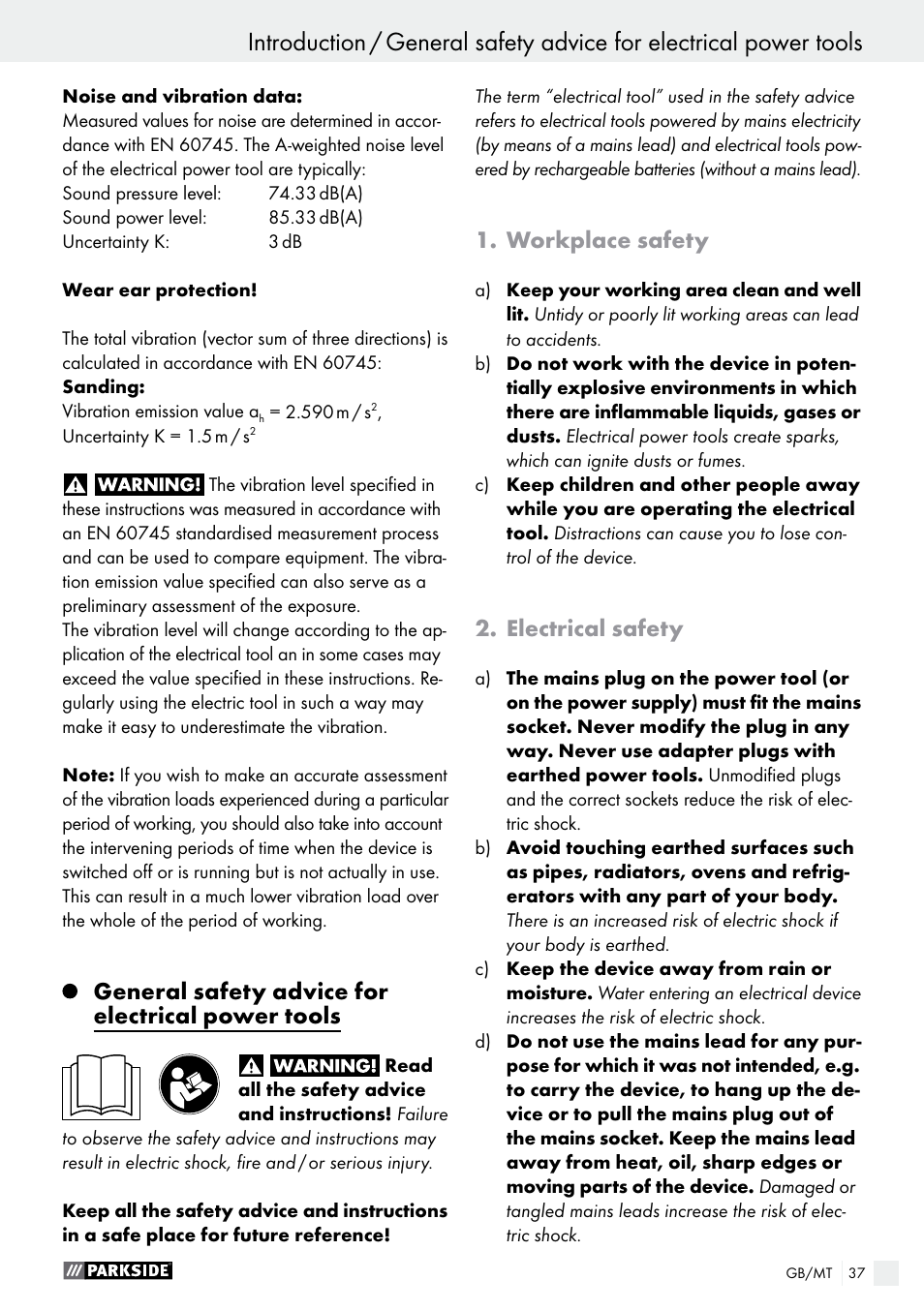 General safety advice for electrical power tools, Workplace safety, Electrical safety | Parkside PAMFW 10.8 A1 User Manual | Page 37 / 55