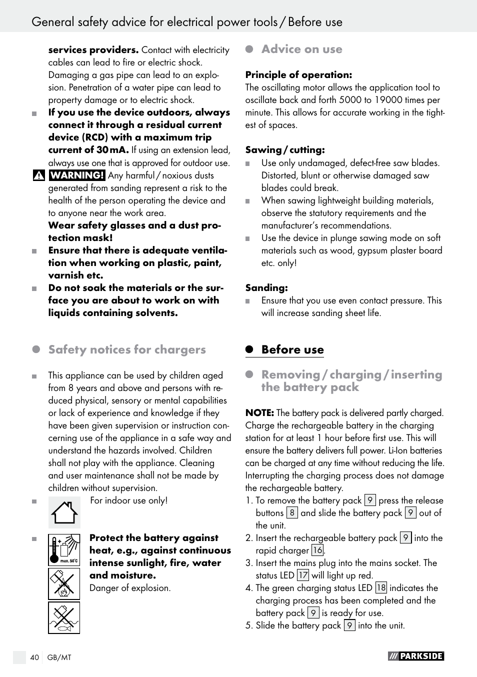 Safety notices for chargers, Advice on use | Parkside PAMFW 10.8 A1 User Manual | Page 40 / 55