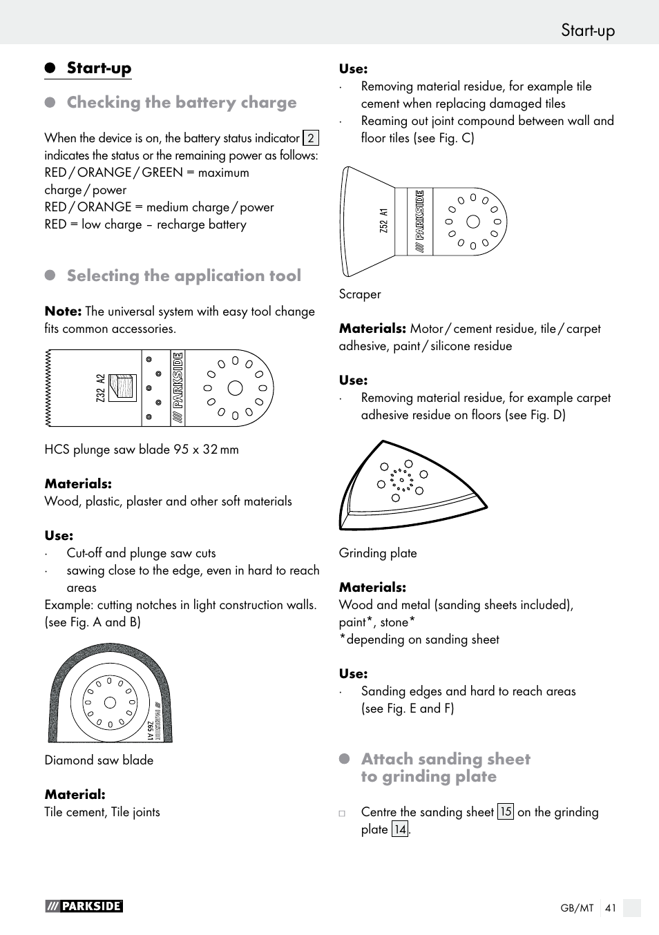 Start-up checking the battery charge, Selecting the application tool, Attach sanding sheet to grinding plate | Parkside PAMFW 10.8 A1 User Manual | Page 41 / 55