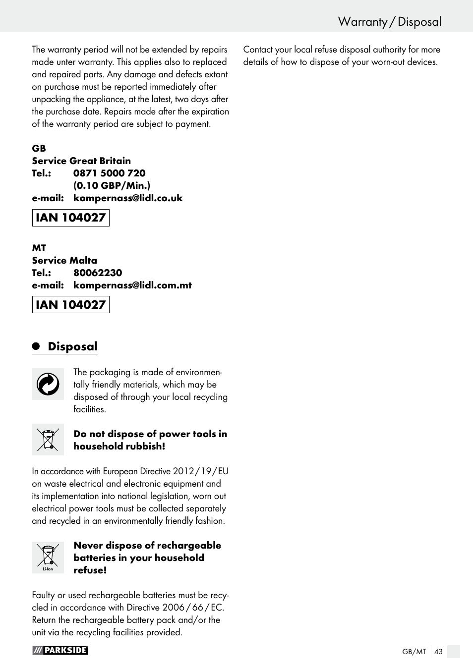 Parkside PAMFW 10.8 A1 User Manual | Page 43 / 55
