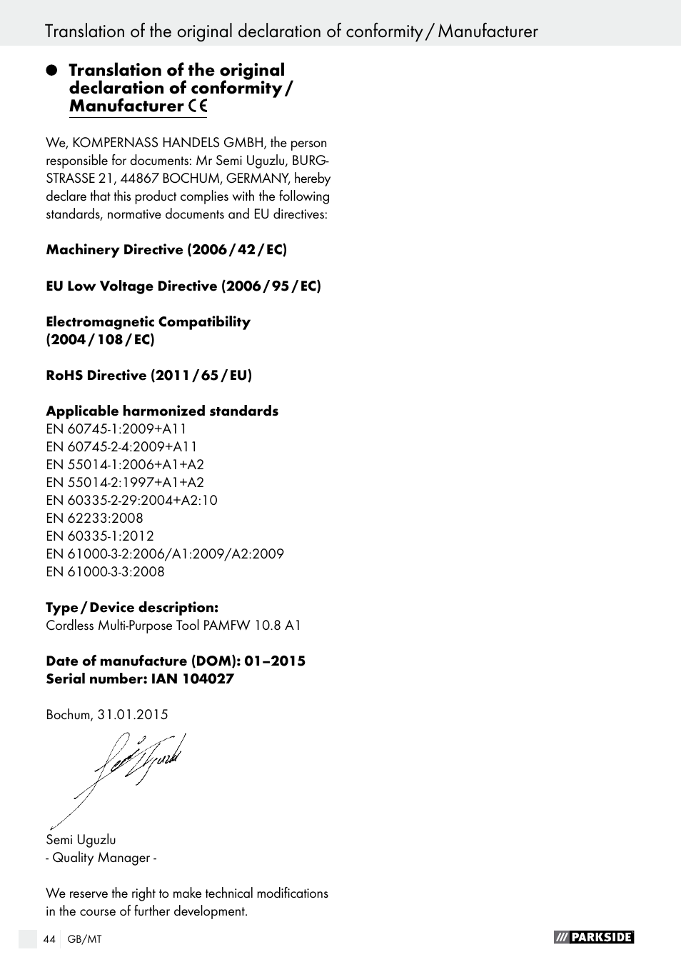 Parkside PAMFW 10.8 A1 User Manual | Page 44 / 55